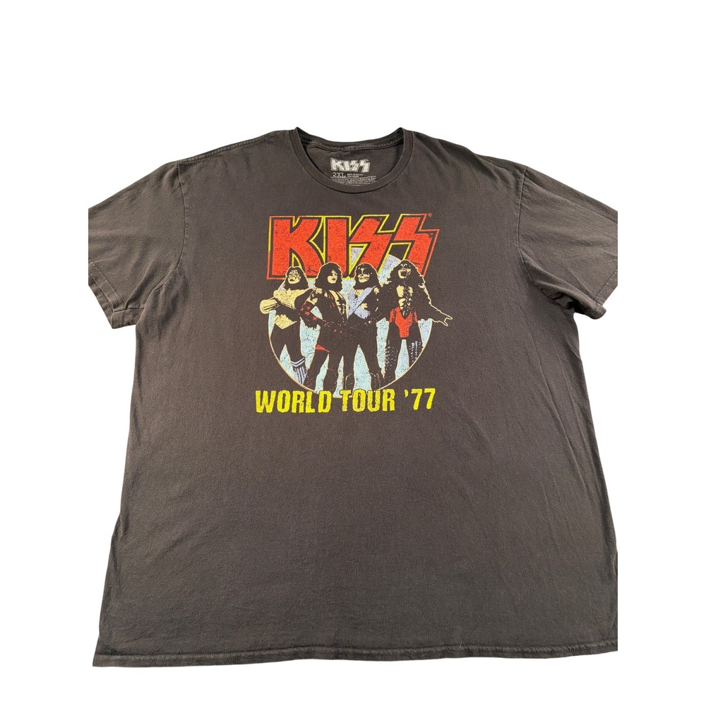 KISS World Tour 77 Graphic T-Shirt Mens 2XL Black Short Sleeve Rock Band Tee